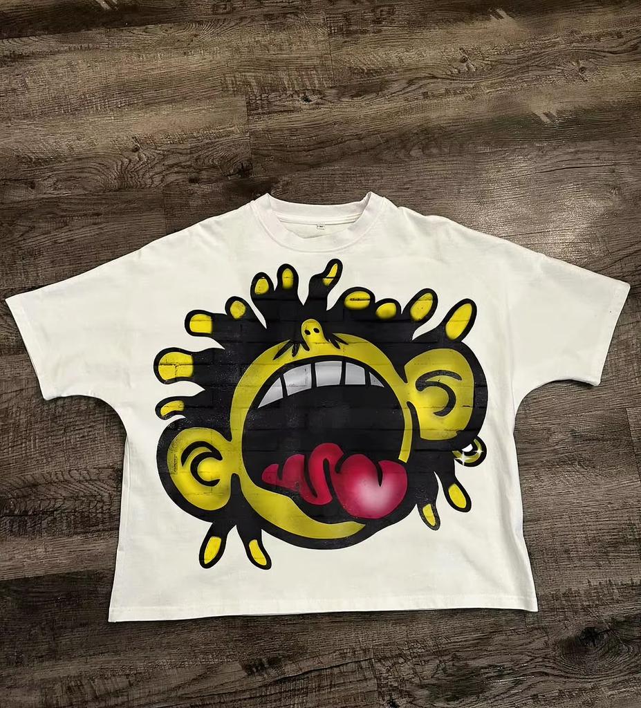American Cartoon Character Personality Trend Graffiti Painting Printed T-shirt Men's Loose Cotton Street Fashion Short Sleeves