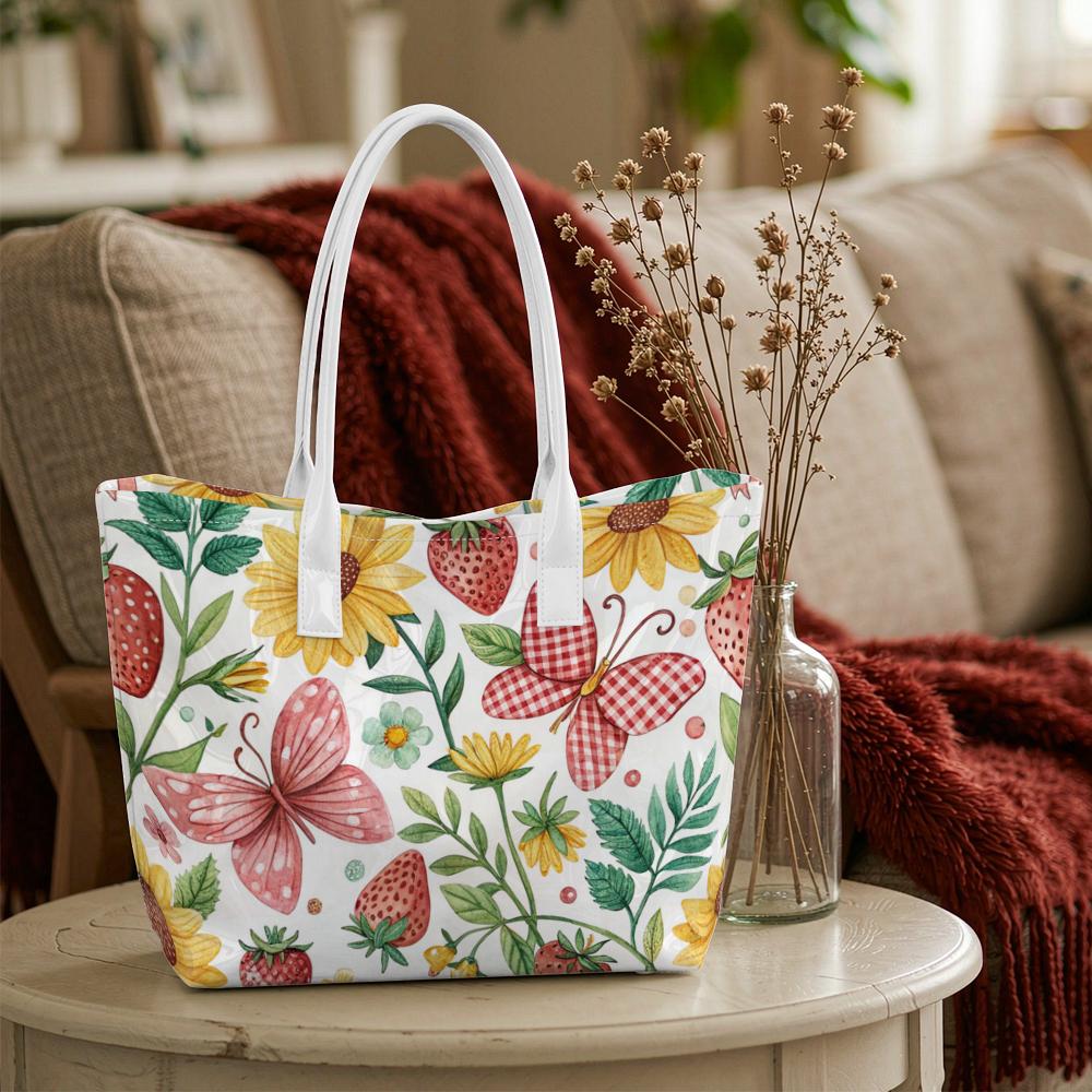 Cute Floral Butterfly Strawberry Fashion Casual Large Tote Bag For Women Daily Use Lightweight Stylish Shoulder Bag