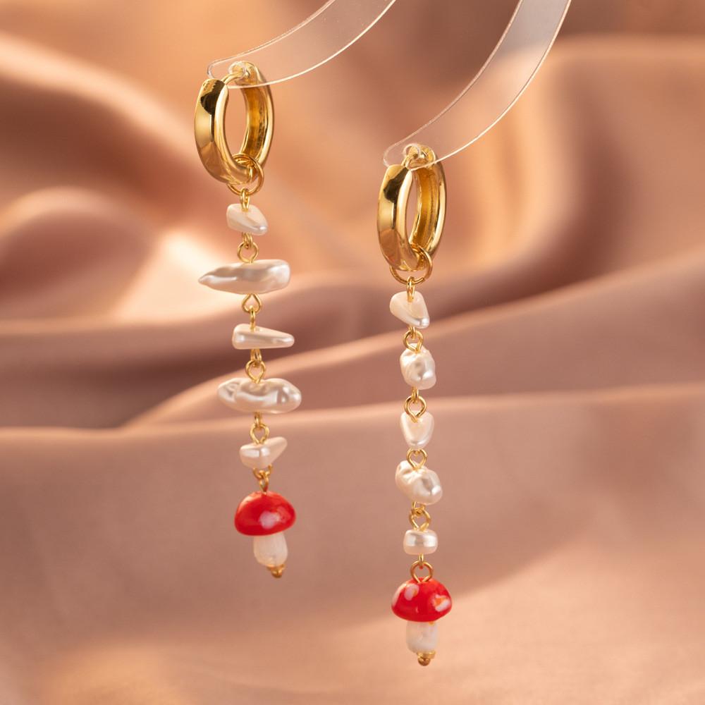 Plated Gold Stylish Geometric Faux Pearl Mushroom Earrings For Women Fall 2023