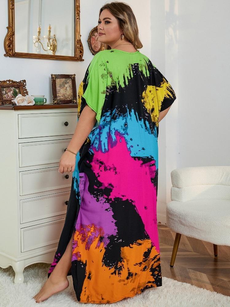 V Neck Bohemian Plus Size Printed Kaftan Dress Women Classy Long Vacation Swimsuit Cover Up