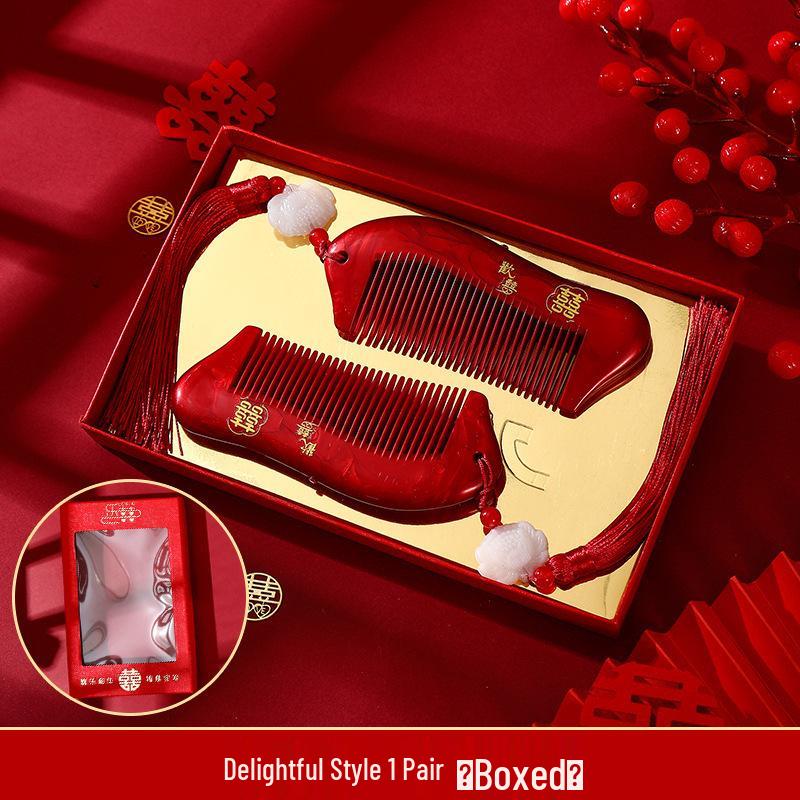 Bordowy Drewniany Zestaw Grzebieni Ślubnych z Lusterkiem - Pudełko na Prezent Weselny Panny Młodej