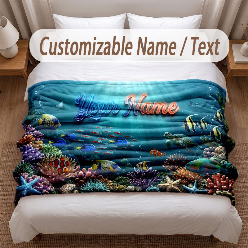 Fish Ocean Theme Soft Blanket Personalized Custom Name Text Print Warm Blanket Home Sofa Bedroom Decor