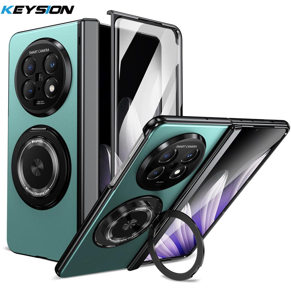 KEYSION 360° Rotating Magnetic Ring Stand Phone Case for MagSafe for OPPO Find N5 Hinge Phone Cover with Glass Screen Protector