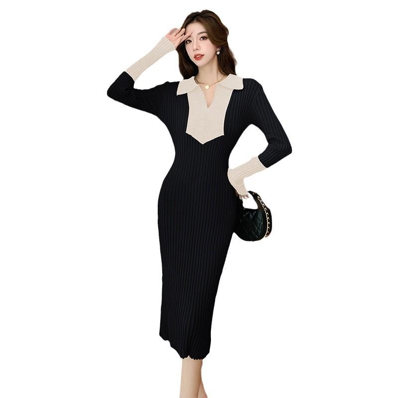 Women's Semi-split Neck Splicing Color Collision Slim Thin Striped Knit Dress