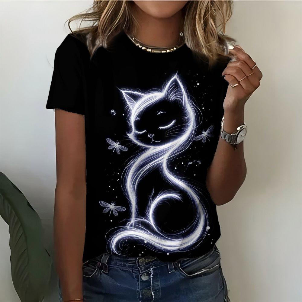 Cute Cat Dandelion T-Shirts Dog Animal 3D Print Women's Round Neck Short Sleeve T Shirt Tees Harajuku Y2K Tops Female Clothing