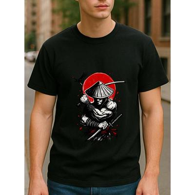 Taglie europee La silhouette di un samurai interpreta il silenzio supremo, la potenza e l'estetica orientale. Camicia da uomo stampata a maniche corte