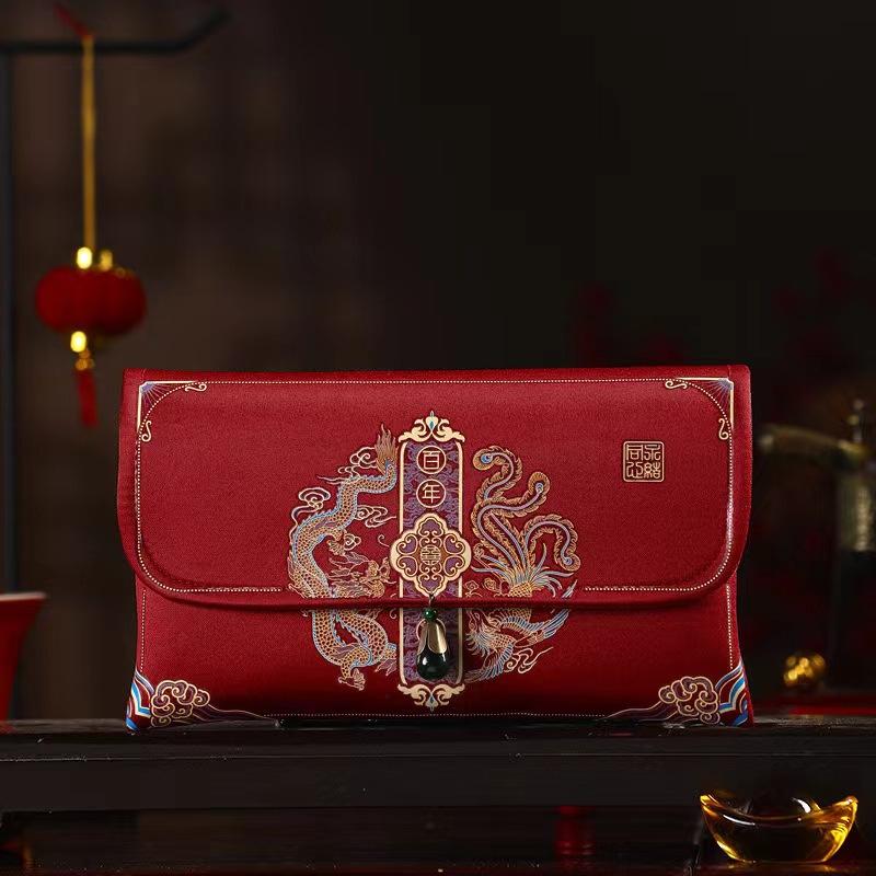 2 Pcs Brocade Embroidery Fabric Wedding Red Envelope Money Pocket Hongbao New Year's Blessing Bag Chinese Spring Festival Bags