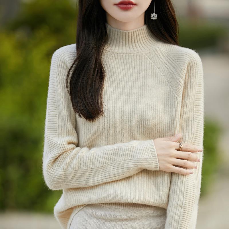 Benmingnian Women’s Heavyweight Pure Wool Cable Knit Sweater: Semi-High Neck, Extra Thick, Loose Fit, with Raglan Sleeves.