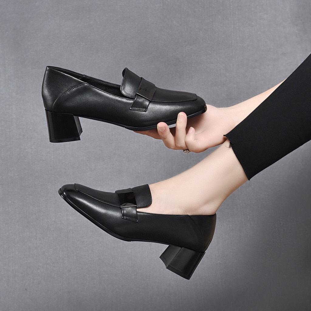Temperament square head spring new simple thick heel square buckle first layer cowhide two wear deep mouth women's single shoes
