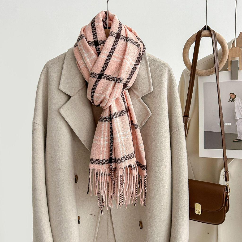Women's Winter Plaid Imitation Cashmere Tassel Scarf, Thickened Korean Style Neck Warmer