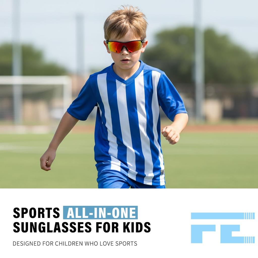 Feisedy Kids' Sports Sunglasses, Polarized Lenses, UV Protection, TR90 Ultra-Lightweight Sunglasses for Golf, Jogging, Baseball, Basketball, Fishing,