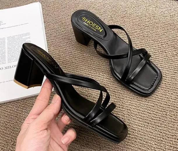 Fashion Women Open Toe High Heel Slippers Retro Chunky Heel Platform Slides 2024 New Summer Breathe Comfort Sandals Zapatillas