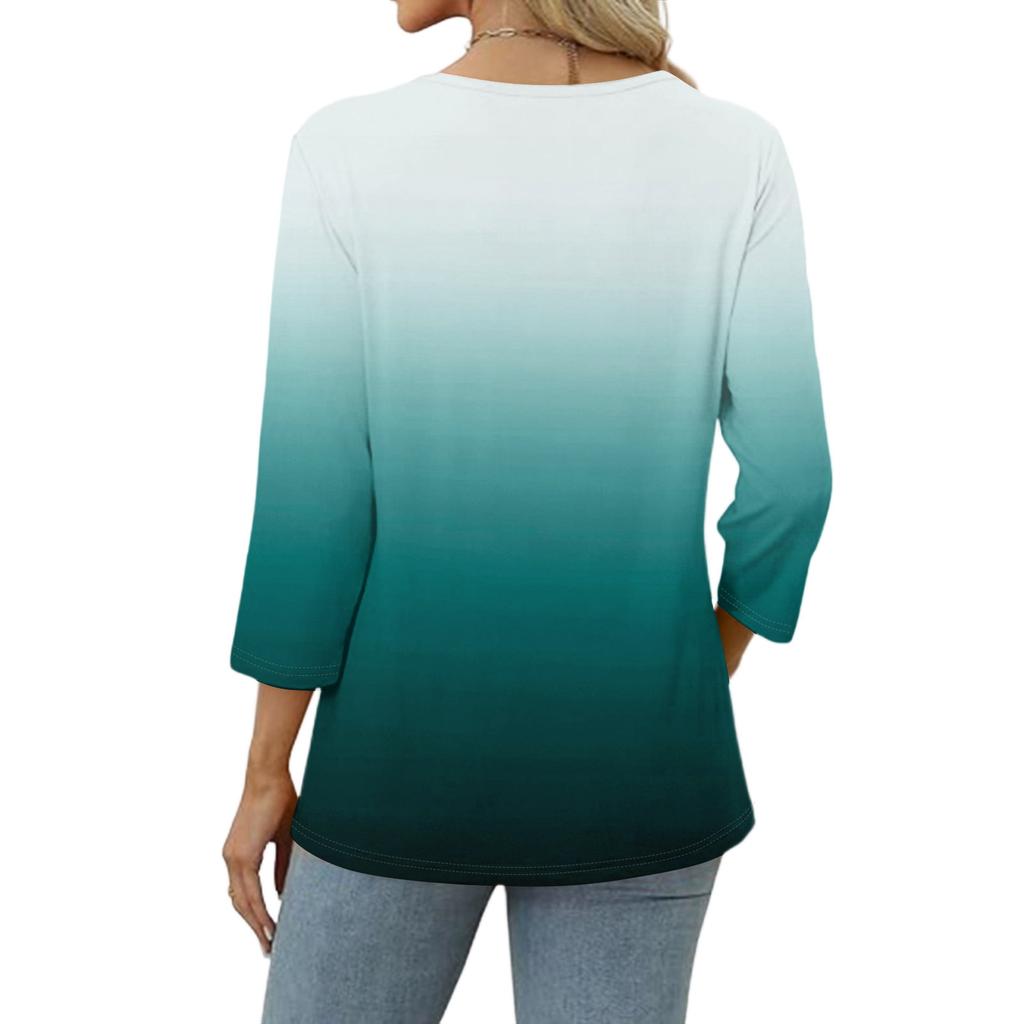 Modisches lässiges Damen-T-Shirt-Top mit Farbblock-Gradienten-Print, V-Ausschnitt, Knopfleiste und Dreiviertelärmeln