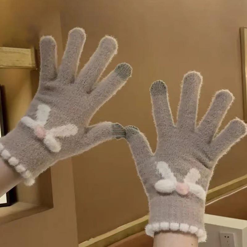 Touch Screen Knitted Gloves Wool Warm Five Fingers Winter Riding Bow Gloves