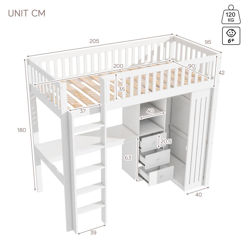 Bunk Bed 90x200 Desk Wardrobe 3 Drawers Storage Space Slatted Frame Pine Wood Youth Bed Children/Adults White