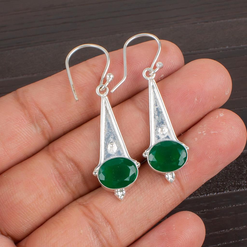 Green Onyx Gemstone 925 Sterling Silver Handcrafted Drop/Dangle Earrings 1.80" EE-50-13