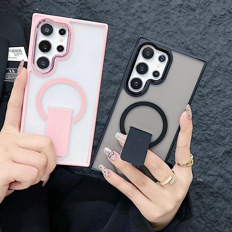 Luxury Matte Translucent For Magsafe Folding Stand Holder Phone Case For Samsung S24 Plus S23 Ultra Wireless Charging Back Cover