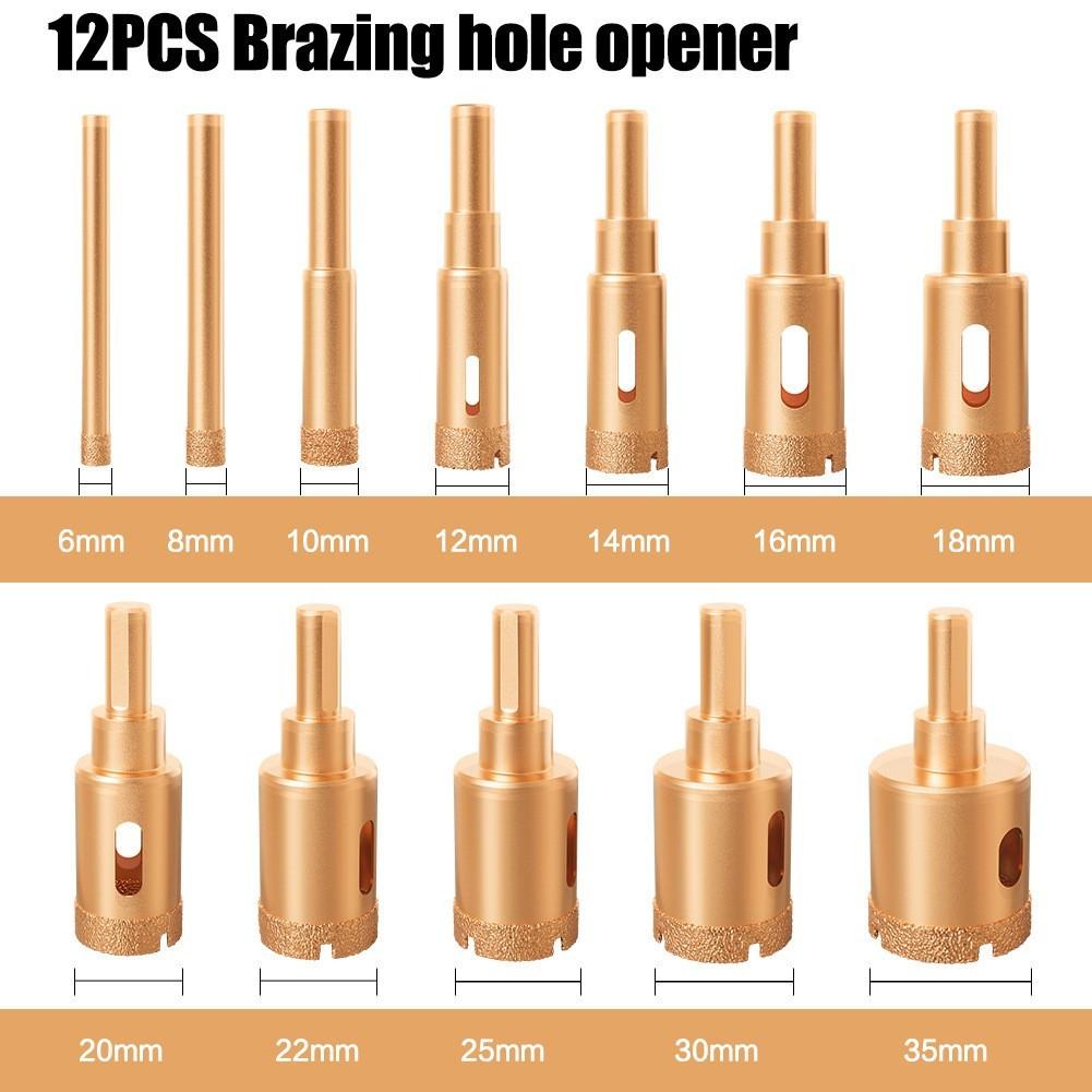 12pcs Diamond Drill Bit Set Glass Marble & Stone 6-35mm Hole Saw Kit Granite Tile Ceramic Drilling Tools Brazing Hole Opener