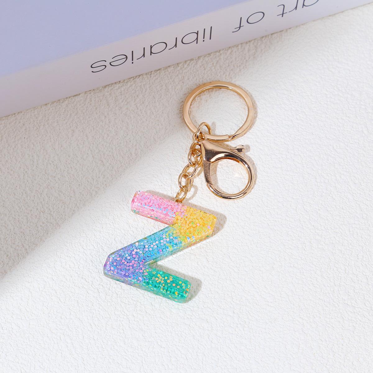 Resin Rainbow Color English Letter Fringed Keychain, Creative High-End Crystal Drop Glue Pendant Jewelry Pendant