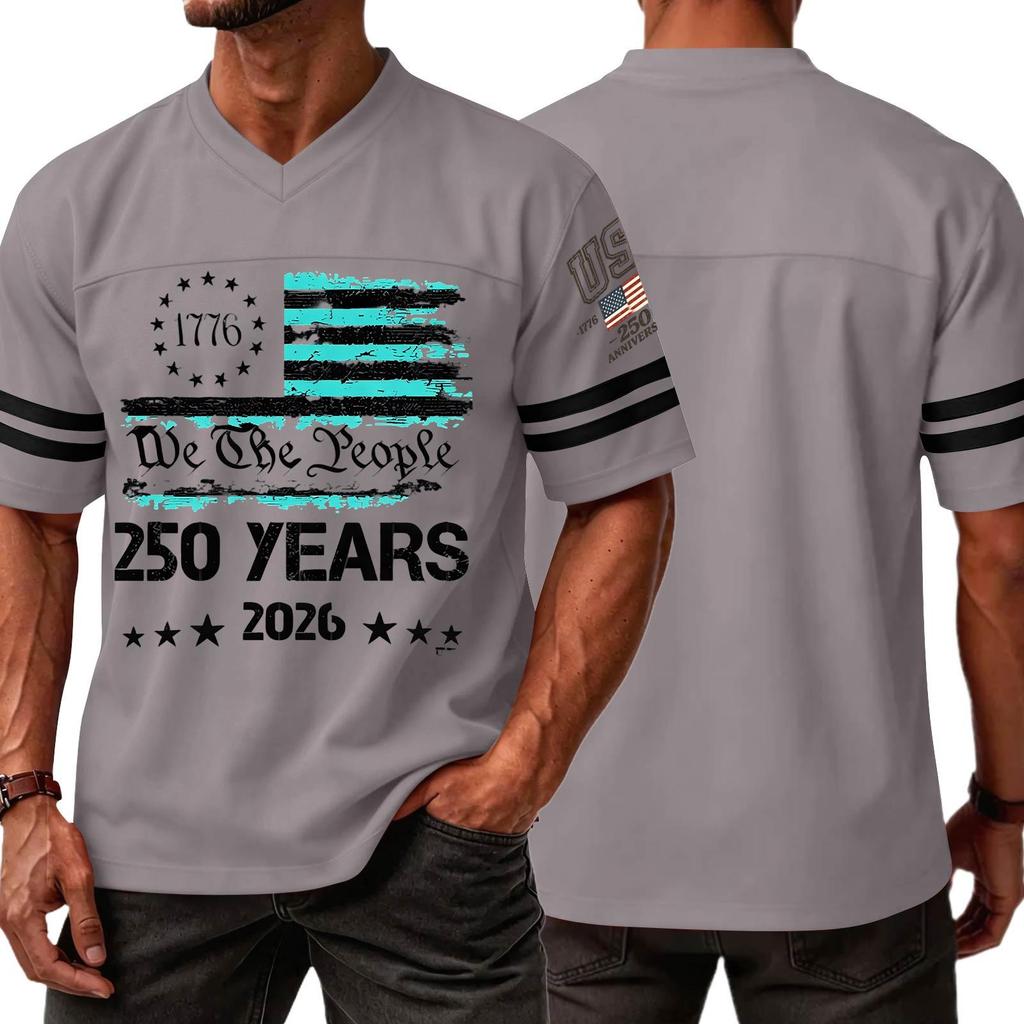 Men’s Casual V Neck Short Sleeve Jersey Style T Shirt with 250 Years Independence Day Print Athletic Fit Comfortable Top