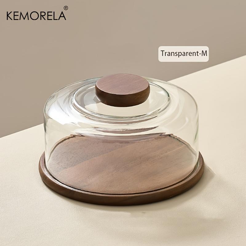 1PCS Round Wooden Cake Stand with Glass Dome Lid -Wood Serving Tray for Dim Sum Pastries & Desserts for Dining Room Cake Tray
