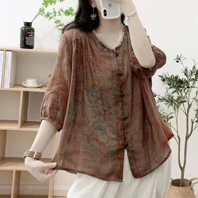 Women's Retro Artistic Shirt Summer Print Three-Quarter Sleeve Loose Slimming Thin Top