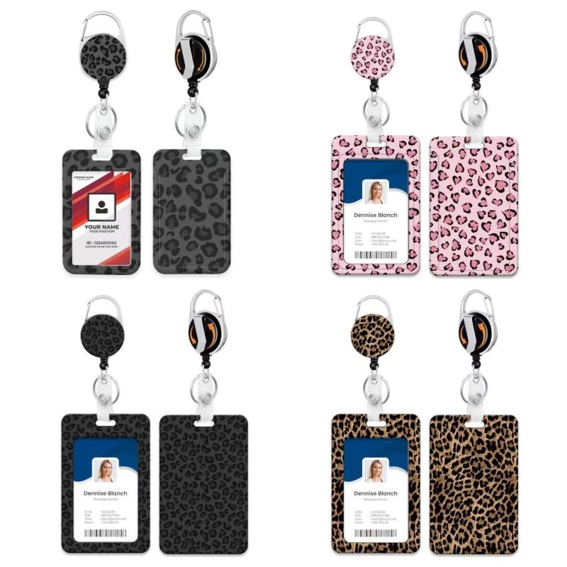 Leopard Print ID Badge Holder with Lanyard Retractable Badge Reel Belt Keychain Lanyards Clip Vertical ID Card Cover Sleeve Case