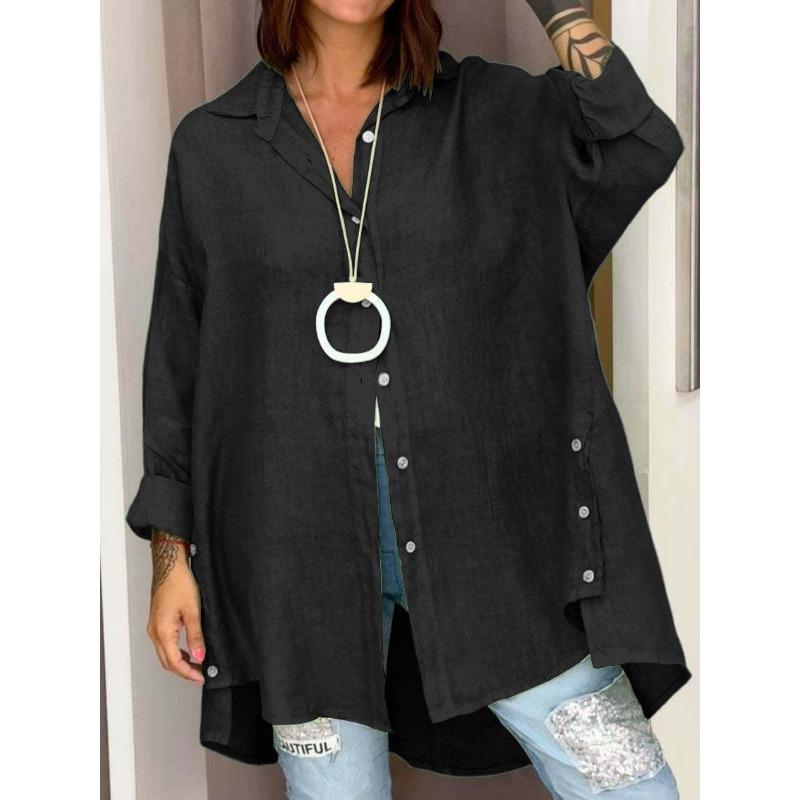 VEZFAA Women's Fashion Casual Spring Autumn Solid Color Print Long Sleeve POLO Neck Blouses & Shirts