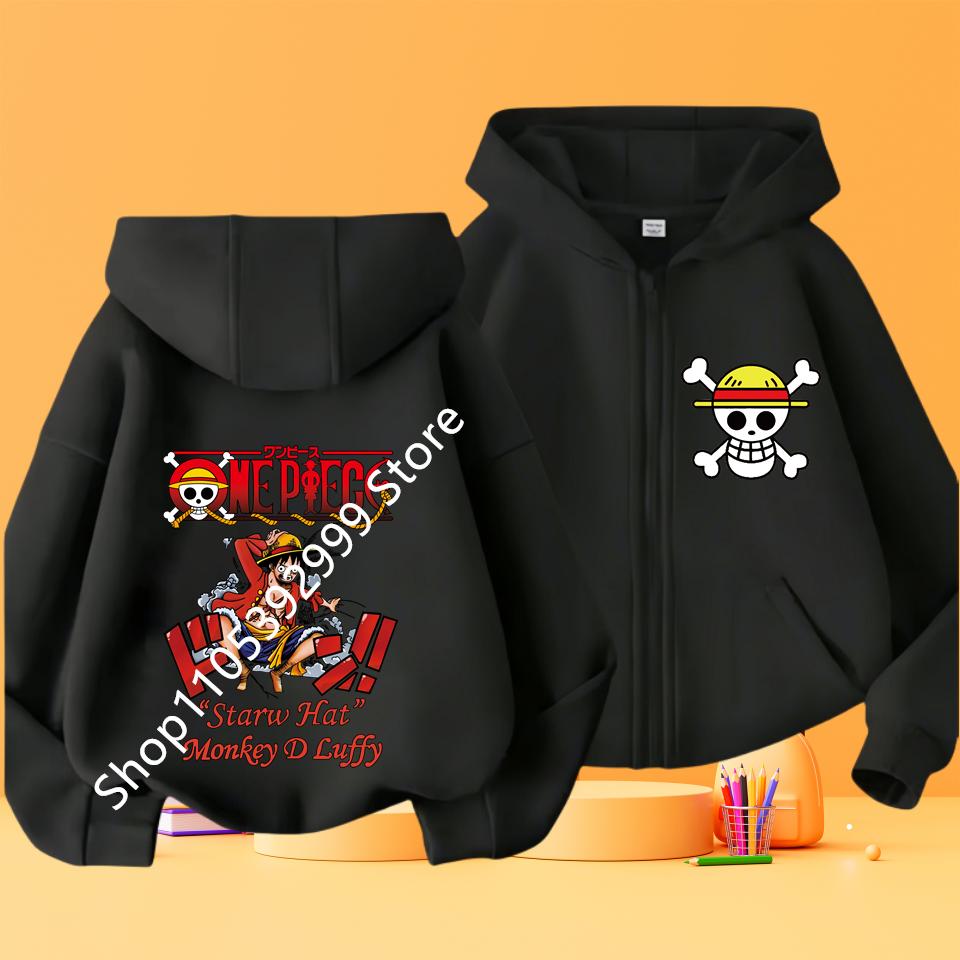 2026 Ny Børne Anime One Piece Luffy Lynlås Hættetrøje Jakke 3-12År Afslappet Langærmet Sweatshirt Efterår