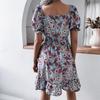 Women's Floral Chic Summer Short Dress A Line Square Collar Lantern Sleeve Ruffle