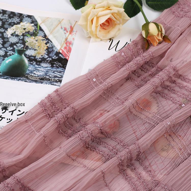 

Women s Sequin Crochet Pleated Chiffon Dress with Striped High Elasticity and Embroidery розовый