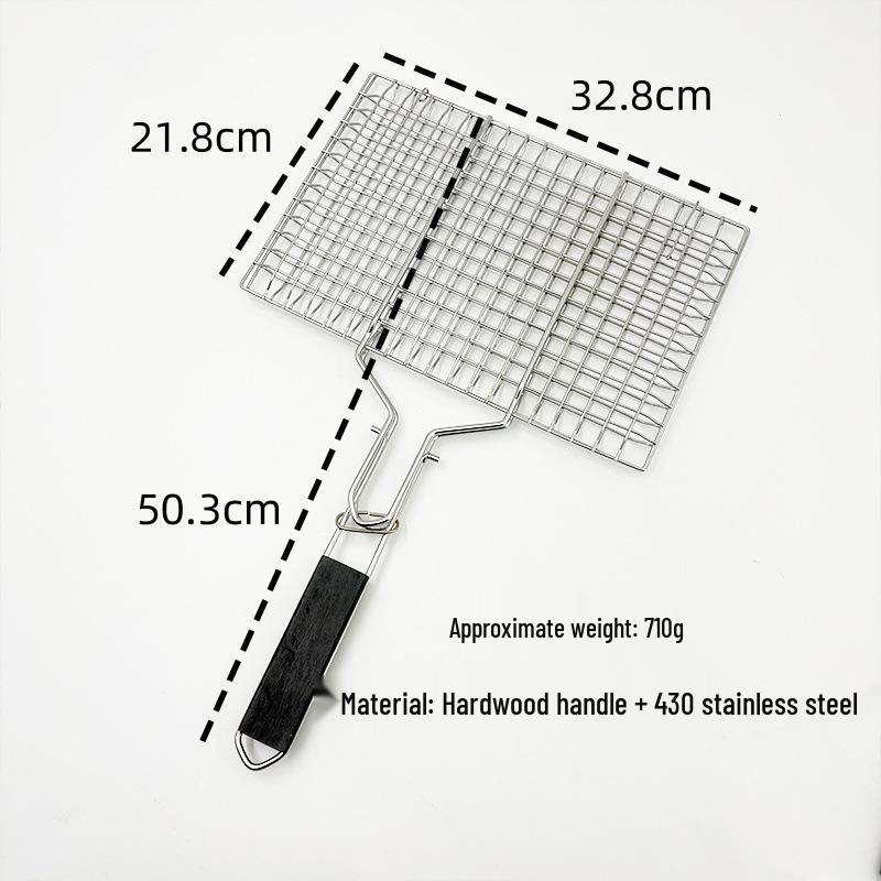 Portable Outdoor BBQ Grill Tongs with Wooden Handle - Anti-Scald Detachable Grill Net for Fish and Vegetables