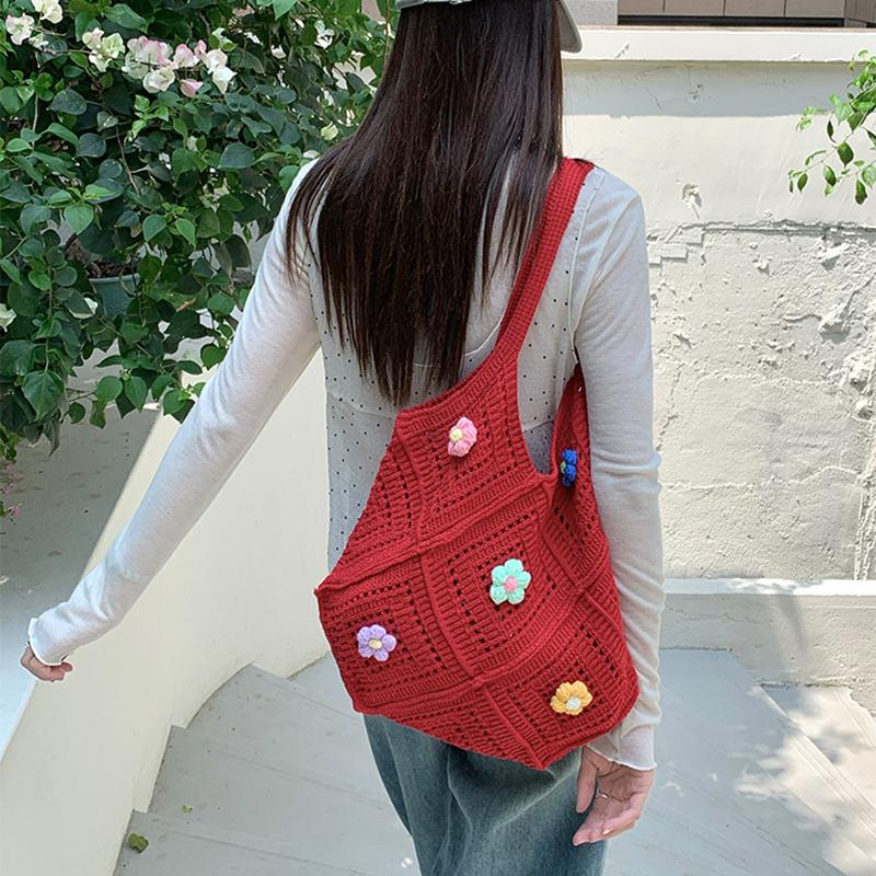 Yogodlns Summer New Hollow out Knitted Flower Tote Bag Single Shoulder Commute High-End Feeling Large Capacity Business Commuting