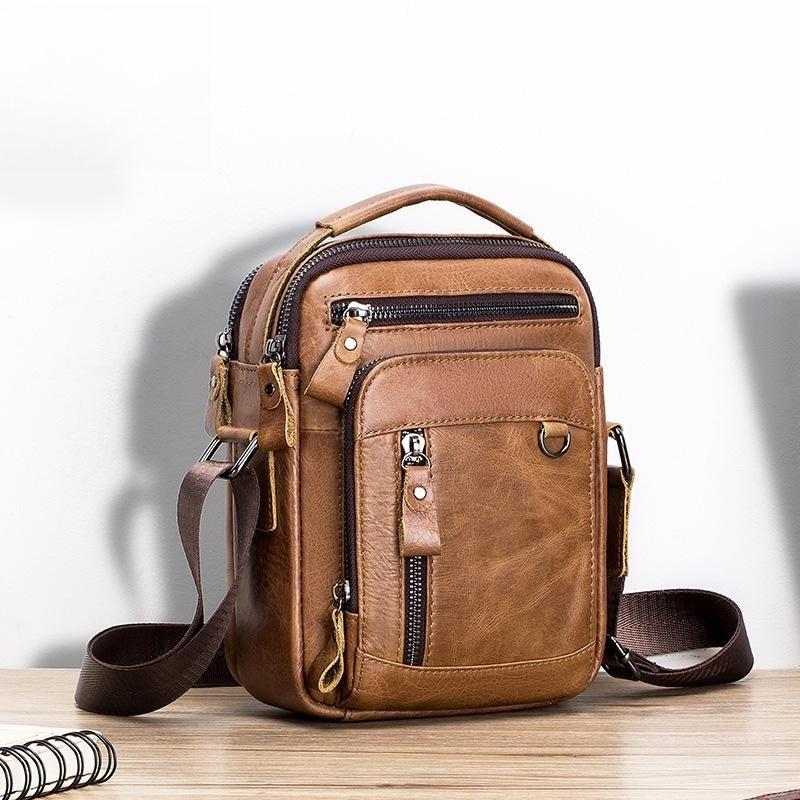 Lcauto Parts Men's Brown Genuine Leather Crossbody Shoulder Bag Vintage Cowhide Messenger Bag For Small Casual Handbag