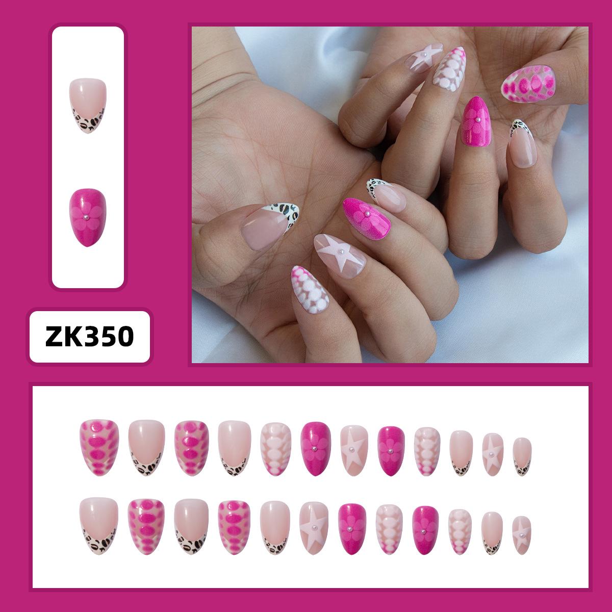 Rose Red & Leopard Print Detachable Short Almond Fake Nails
