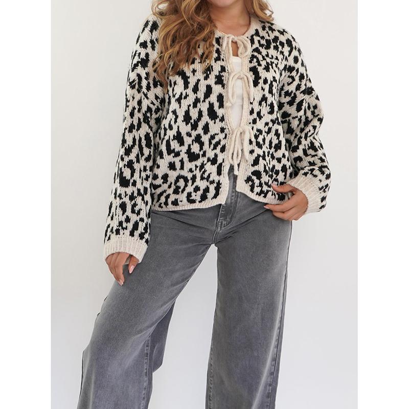 New In Leopard Print Round Neck Lace-up Knitted Cardigan Women Autumn Winter Trendy Streetwear Sweater Coats