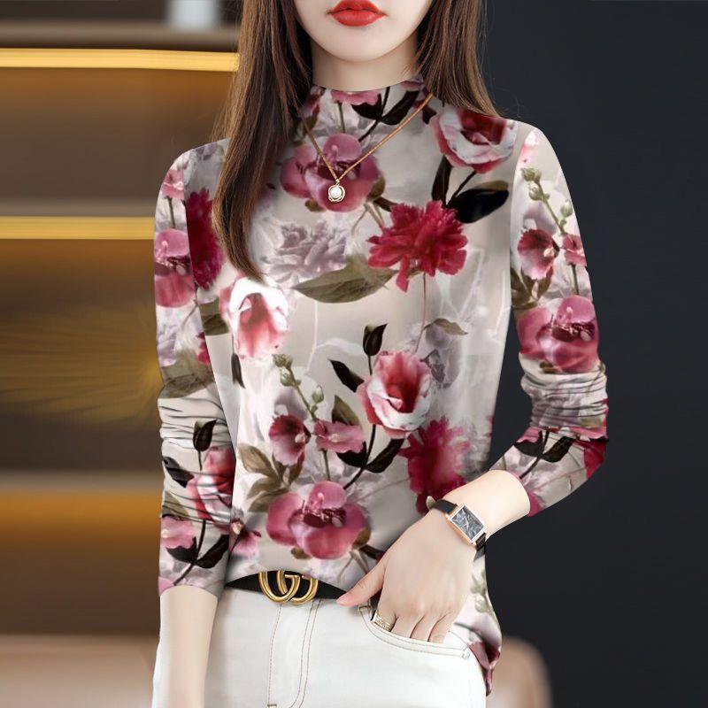 

Women s Fleece-Lined Tummy-Covering Long-Sleeve Semi-High Neck Print Top for Mom and Elderly M - Suggested for 80-95 Jin