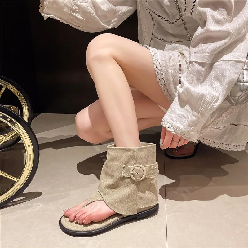 Canvas Flip-flops Pants Boots Women's Sandals Short Boots 2025 Summer New Flat Open-toed Hollow Cool Boots