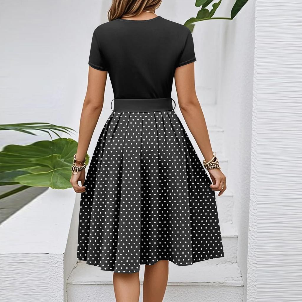 Women's Casual Fashion Belted Vintage Printed Short Sleeve Round Neck Elegant Dress