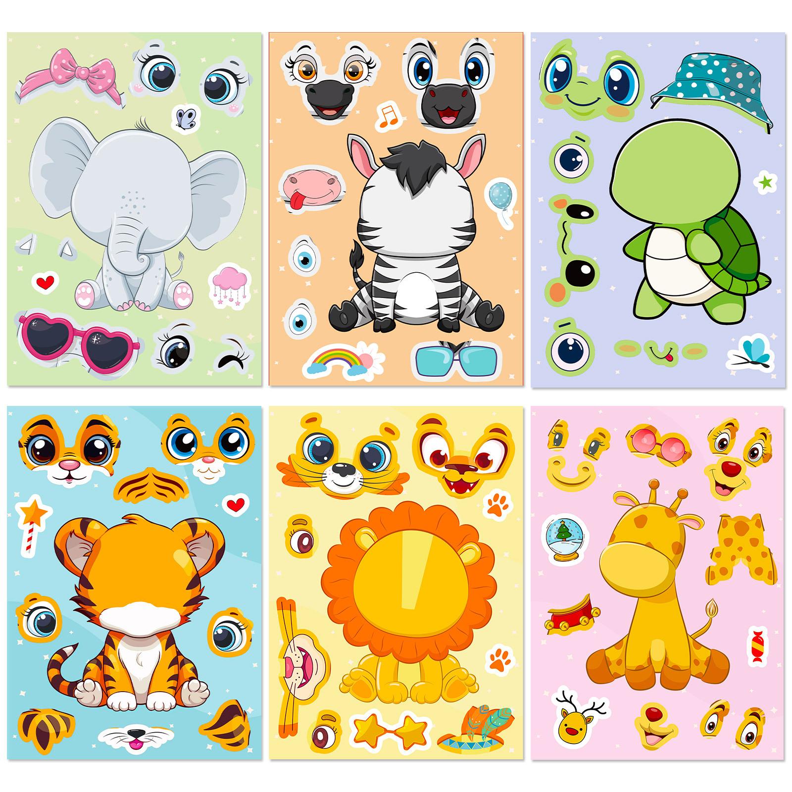 

6/12sheets Cartoon Animals Make A Facial Puzzle Stickers Adorable Elephant Tiger Turtle Assemble Jigsaw Stickers Children Instructive Playthings