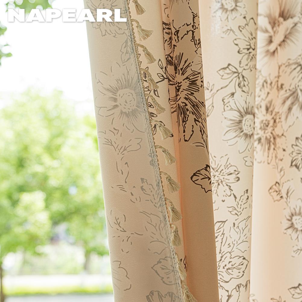 1PC NAPEARL French Retro Gentle Printed Curtains with Tassel Edge Semi Transparent Curtains for Bedroom Living Room Window Home Decor