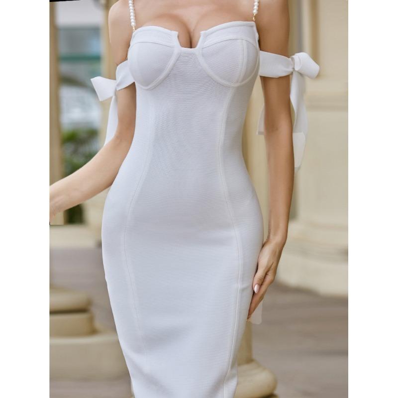 Women Pearl Sling Dress Host Mid-length Evening Dress Wedding Skirt Dress White