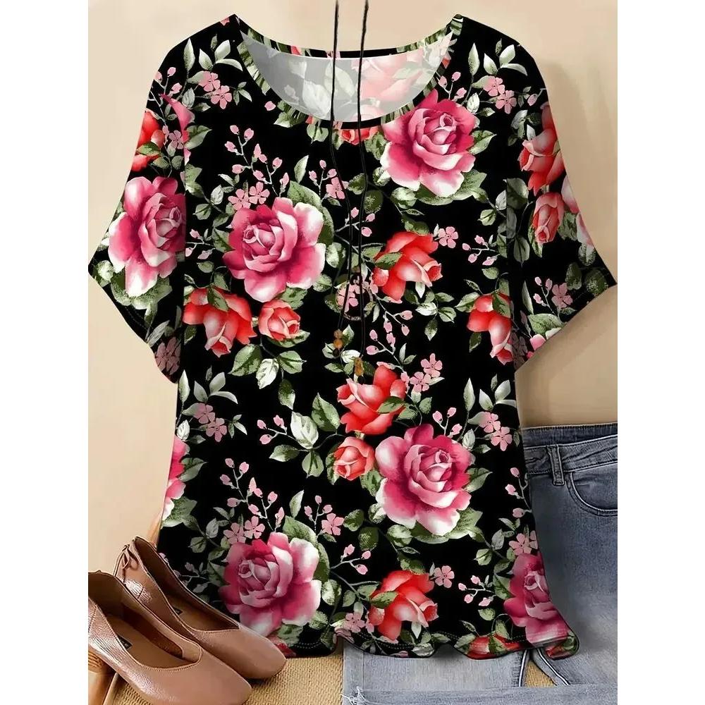 Casual Versatile Flower Printed Top Comfortable Simple Women s Short Sleeve Fashion T-Shirts Women’s XS