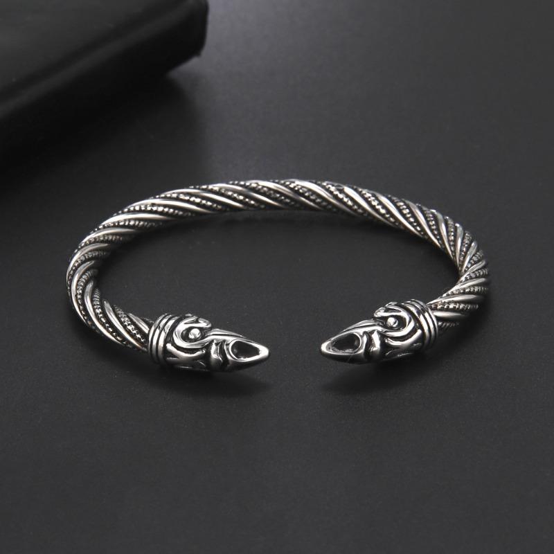 Meier Titanium steel bracelet - men's hip hop punk open bangle with fashionable single linked bead, striped, and double bird head design