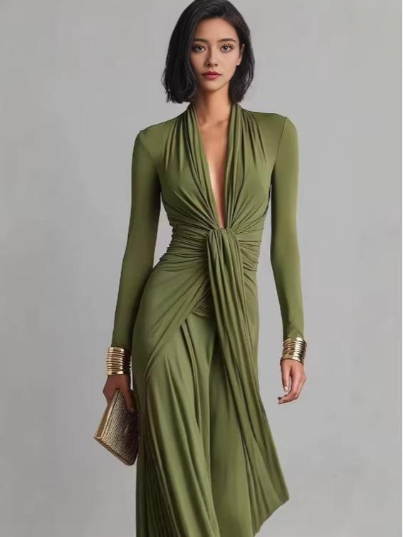 2026 Frühling/Sommer V-Ausschnitt Plissiertes Abendkleid - Elegantes Europäisches Lässiges Modekleid