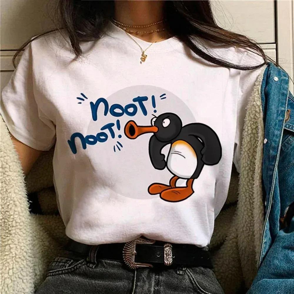 Funny Pingu Print Women's T-Shirt Unique Casual Cute Street Short-Sleeve T-Shirt Breathable Women's Top Kawaii Clothing