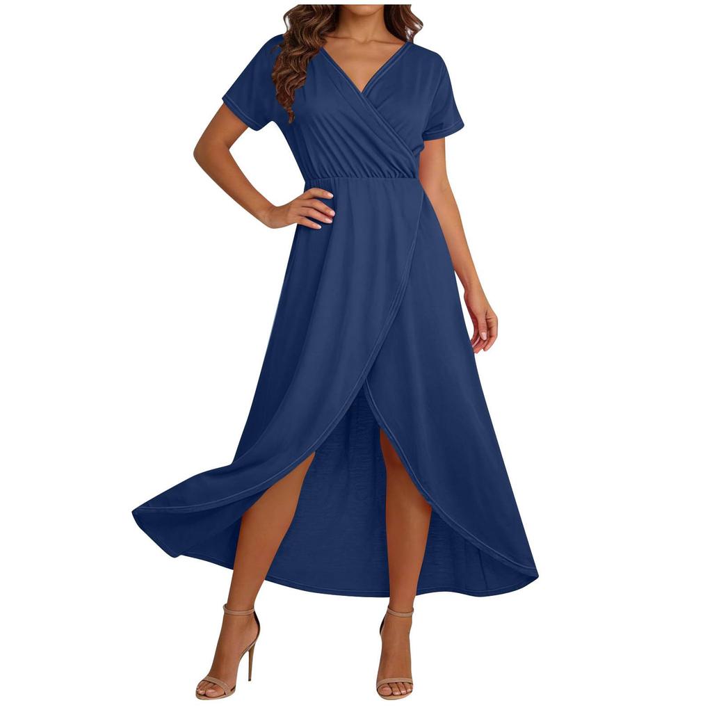 Women's Elegant Loose-Fit V-Neck Short-Sleeve Flowing Resort Dress