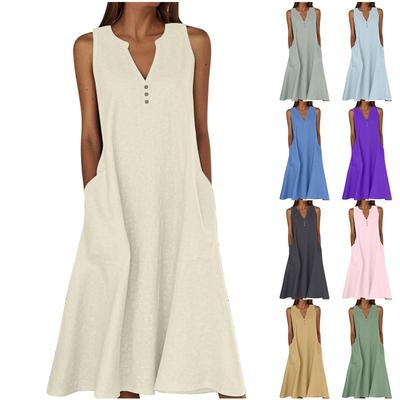 Women's Summer Casual V-neck Button Solid Color Sleeveless Long Dress With Pockets