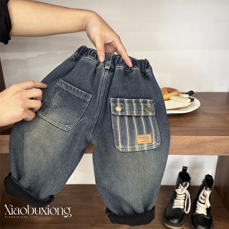 Kids Fleece-Lined Denim Pants with Cute Bear Print for Boys and Girls