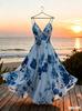 French print suspender dress seaside vacation style waist long dress European and American beach dress summer new